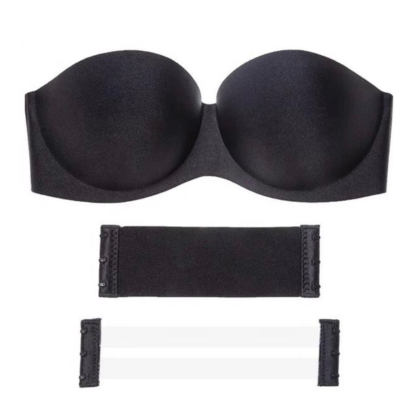 Women's Black Nylon Adjustable Back-Strap Padded Wire-Free Strapless Bra