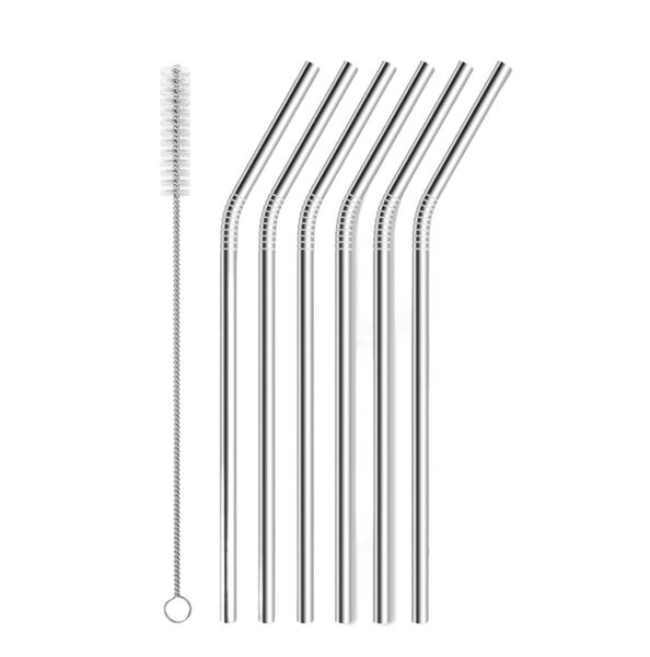 6 Pieces Reusable Metal Straws Bent Straw With Cleaning Brush