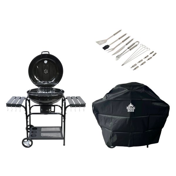 BraaiBoss 57cm Charcoal Kettle Braai with Side Tables &amp; Protective Cover