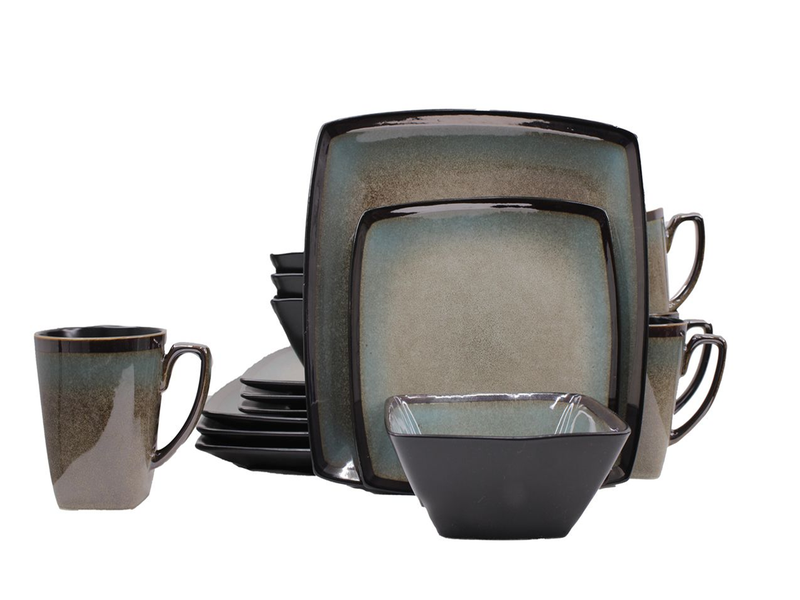 16 Piece Couture Banded Border Square Stoneware Set - Reactive Cream/Blue