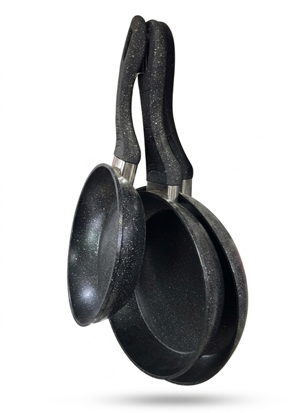 3-Piece Granite Fry Pan Set - Non-Stick Marble Interior - 20cm/24cm/28cm