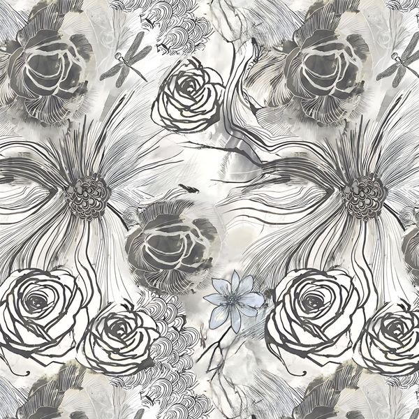 STICKCOOL Mystic Bloom Peel Stick Wallpaper - Ink Sketch Floral Dragonflies