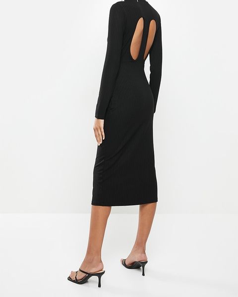 Women's VELVET Turtle Neck Rib Column Midi Dress With Cut Out Back - Black