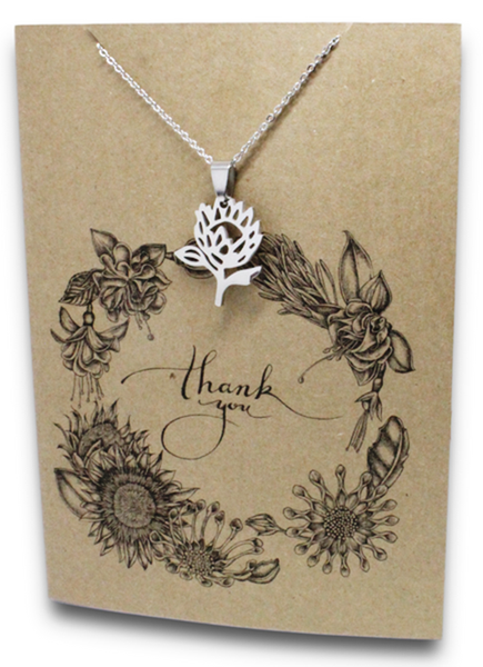 Stainless Steel Necklace On Message Card-Protea Thank you