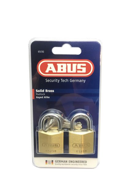 Abus 65 Padlock Brass 30mm Keyed Alike 2 Pack Blister