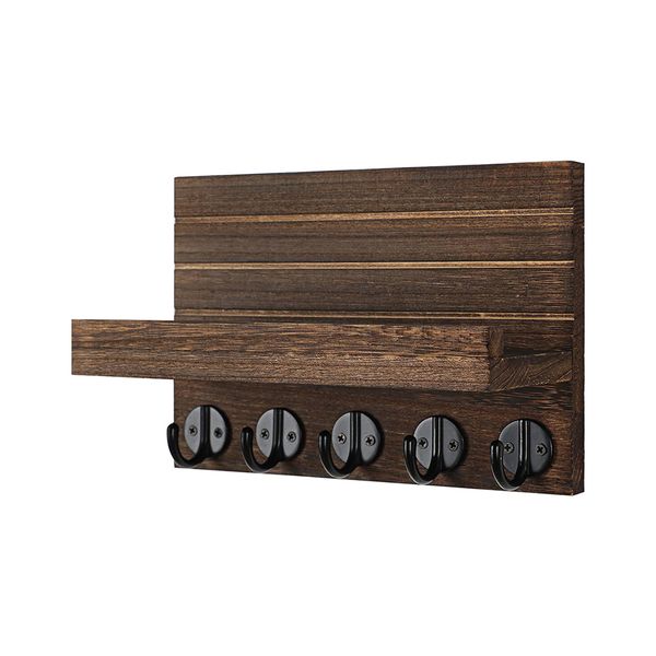 Natural Wooden Key Holder with 5 Hooks - Wall Mounted Mail Organizer