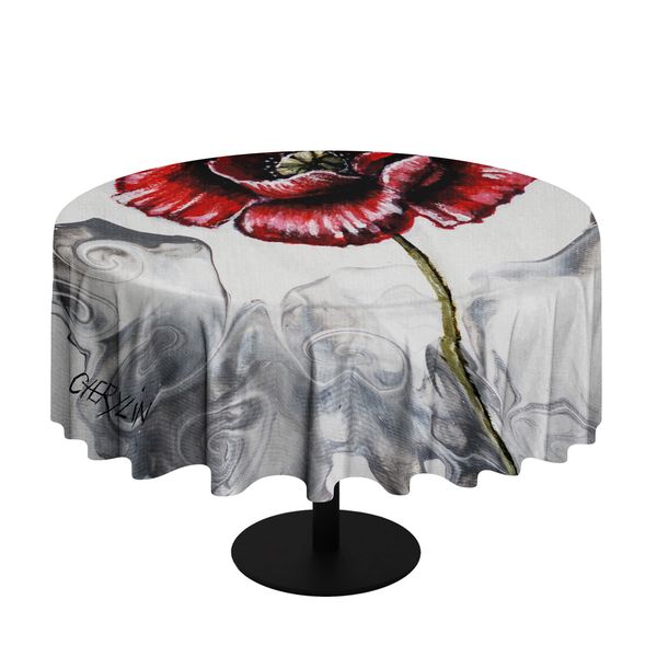 Open Poppy On Grey By Cherylin Louw Round Tablecloth