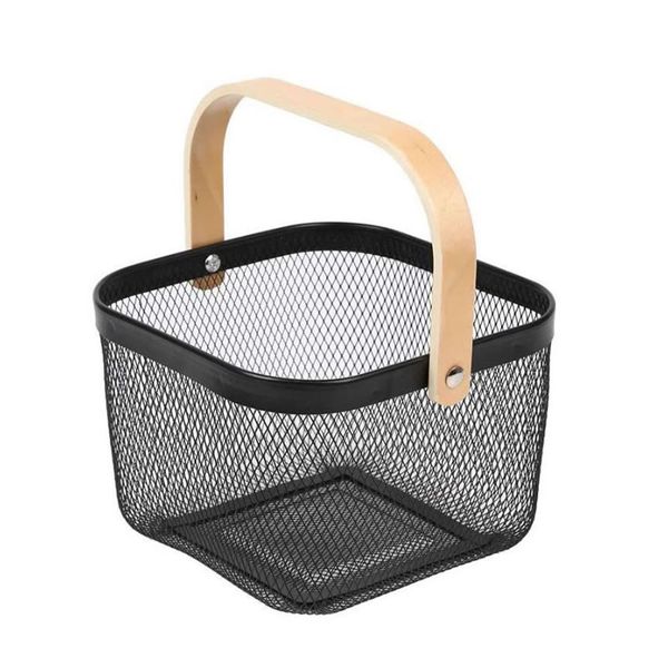 Multi-Functional Handheld Mesh Storage Basket With A Wooden Handle