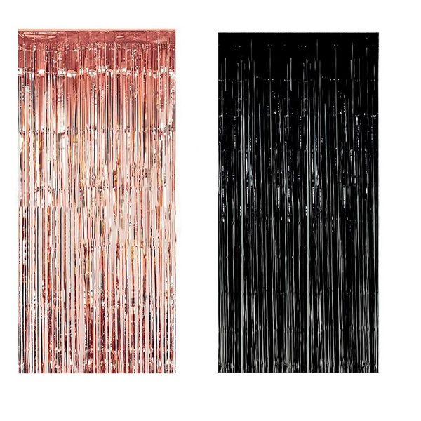 Decoration Foil Fringe Backdrop Curtain (1mx2m) Set of 2 Black &amp; Rose Gold