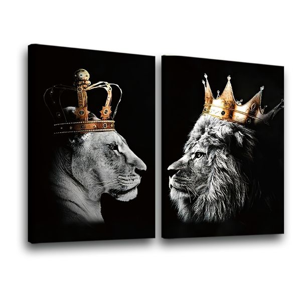 Canvas with Frame: Modern Art - Lion King &amp; Queen 2 Piece