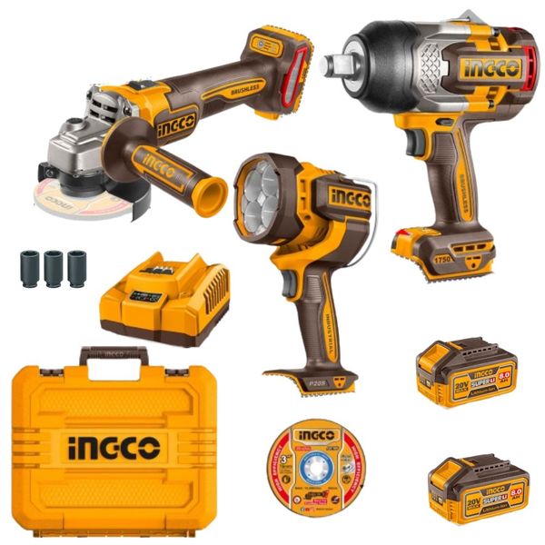 Ingco - Cordless Wrench, Angle Grinder, Work Light, Batteries &amp; Charger Kit