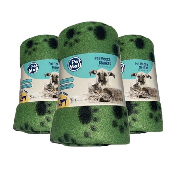Pet Mall Pet Fleece Blanket Green Paw Print (76 x 100cm) - 3 Pack