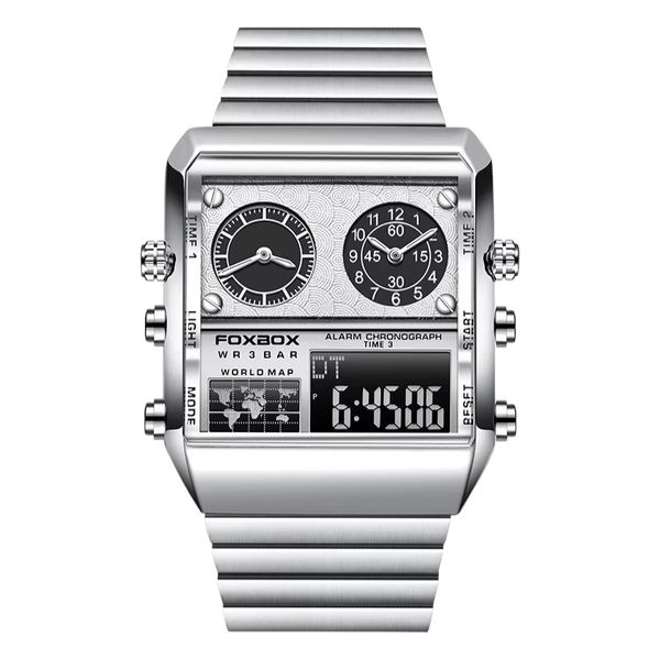 FOXBOX - Water Resistant Watch With Analogue and Digital Display - Silver