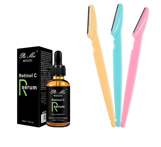 Facial &amp; Eyebrow Dermaplaning Razor Wand Set With Added Retinol Serum