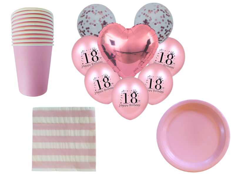 18th Birthday Party Decor - 48 Piece - Pink &amp; Stripes
