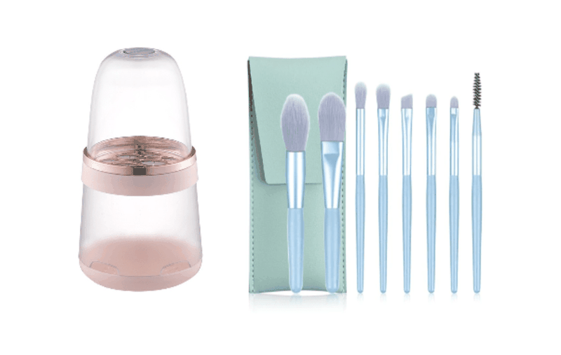 8 Piece Mini Makeup Brush Set &amp; Pink Cosmetic Brush Storage Combo