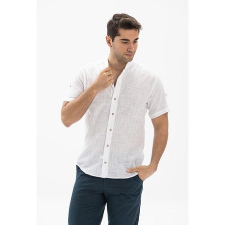 Men's Casual Cotton Shirts Mandarin Collar Short Sleeve Button