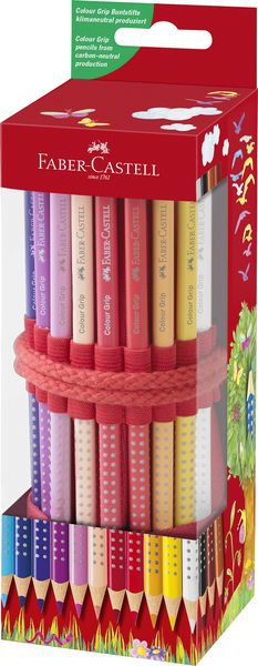 Grip colour pencils x18, red pencil roll and 1 sleeve sharpener box mini