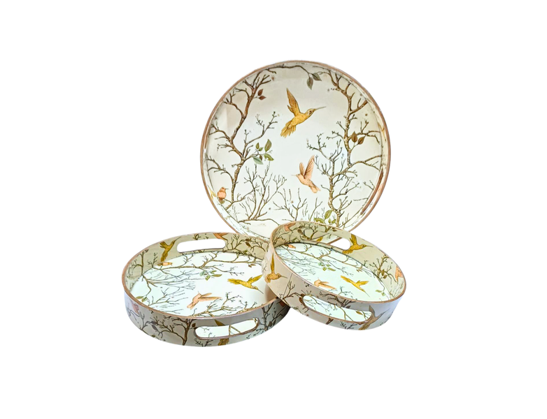 Stylish Round Lacquer Printed Wooden Tray Set - Set of 3