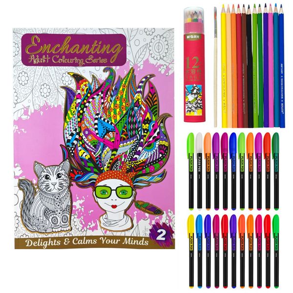 Adult Colouring Book with 12 M&amp;G Watercolor Pencil and 24 Neon Colour Pens