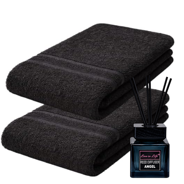 Black Hand Towel 50x90cm Set of 2 with Angel Reed Diffuser 200ml Set