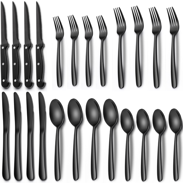 Black 24 Piece Stainless Steel Flatware Set with Steak knives Food Grade for 4