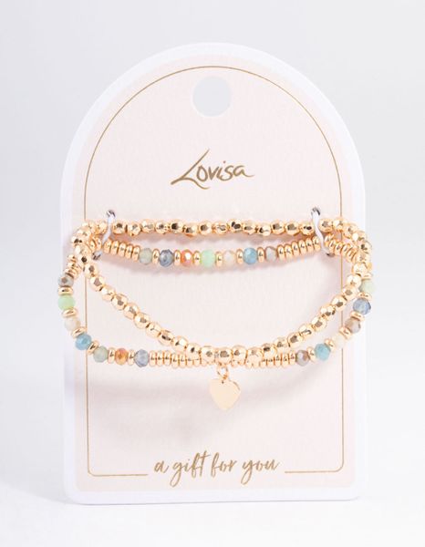 Gold Mixed Bead Heart Bracelet 2-Pack