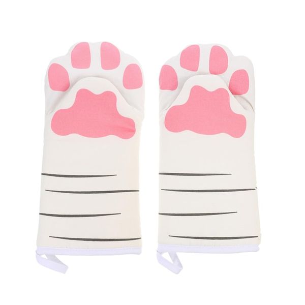Pair Of Oven Gloves, Cat Claw Pattern, Non-Slip, Heat Resistant, White/Pink