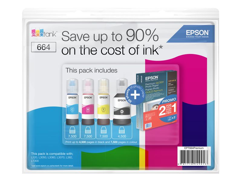 Epson T664 4 Pack + FREE Extra Pk of Photo Paper