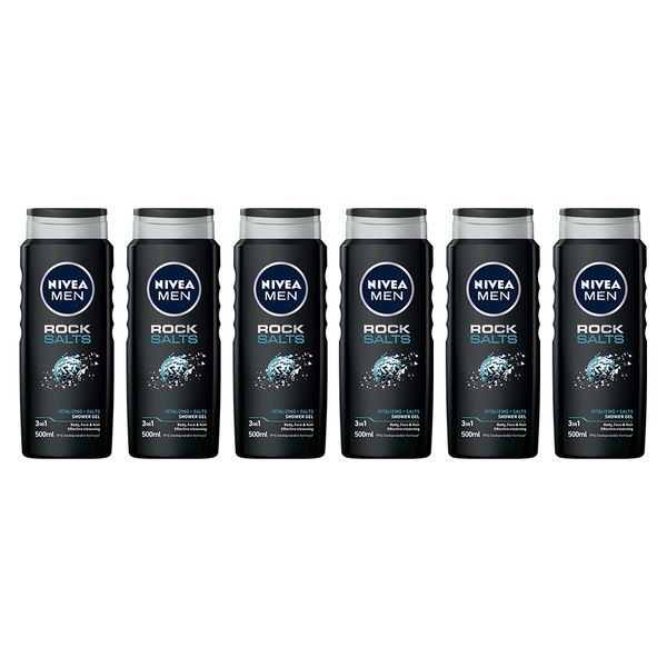 NIVEA MEN Rock Salts 3in1 Shower Gel Wash with Vitalizing Salts, 6x500ml