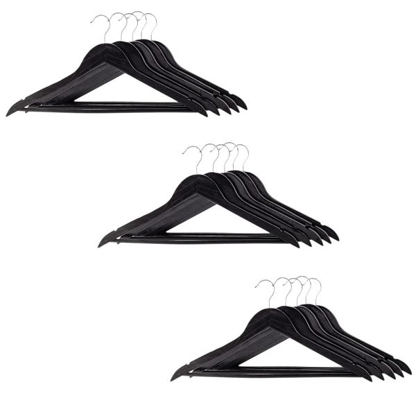 Black Wooden Hangers with Anti-Slip Trousers Bar and Swivel Hook - 15-Piece Set