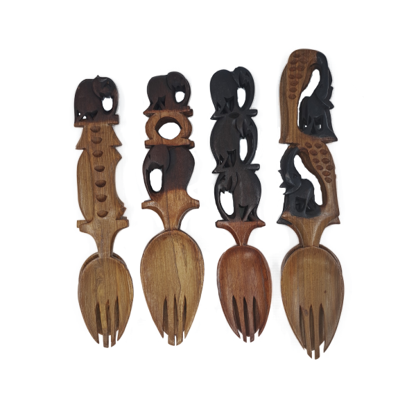 Brown Wood Hanging Spoon &amp; Fork Sculptures - Wild life decorated