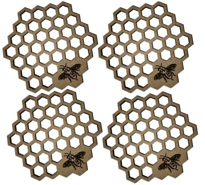 Beehive Themed Coasters with Honeybee Motif (Set of 4) - 3mm Blonde MDF