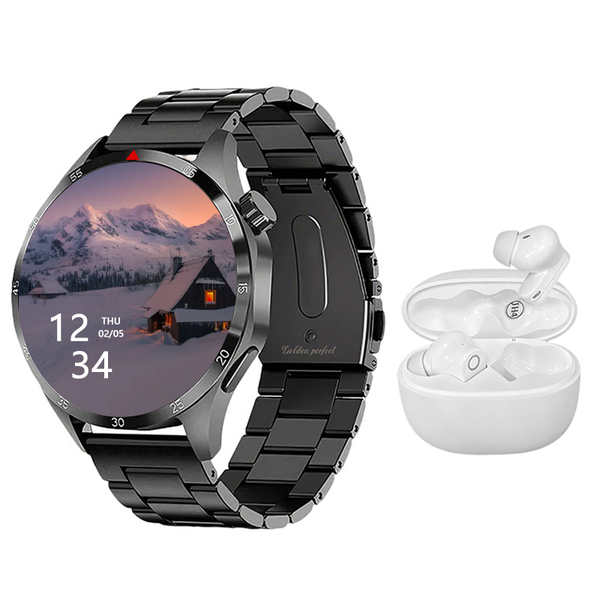 Android &amp; iOS Compatible Men's Dual Strap 1.43" Smartwatch &amp; Earphones Set