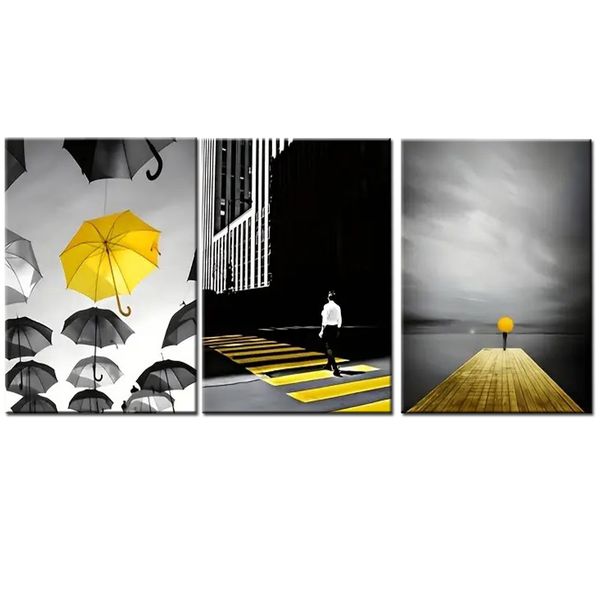Canvas-Art-3 Pieces Black &amp; Yellow Umbrella, Man Waliking Wall Art