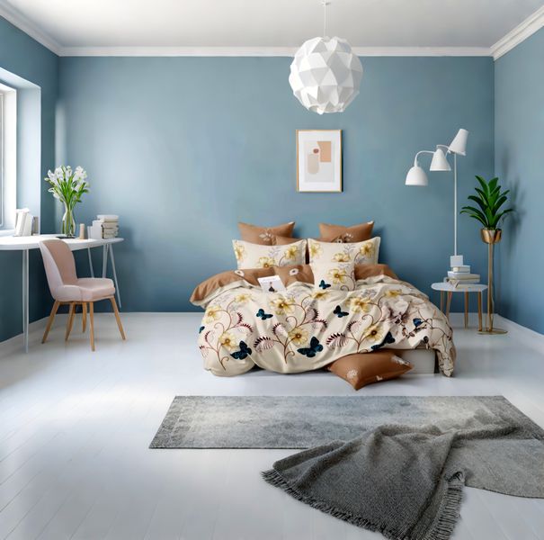 Beige-off White Polyester Floral 6piece 200 tc Duvet Cover