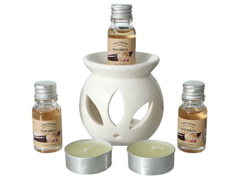 White Dolomite Oil Burner With Vanilla Scented Oils - 6 Piece Set
