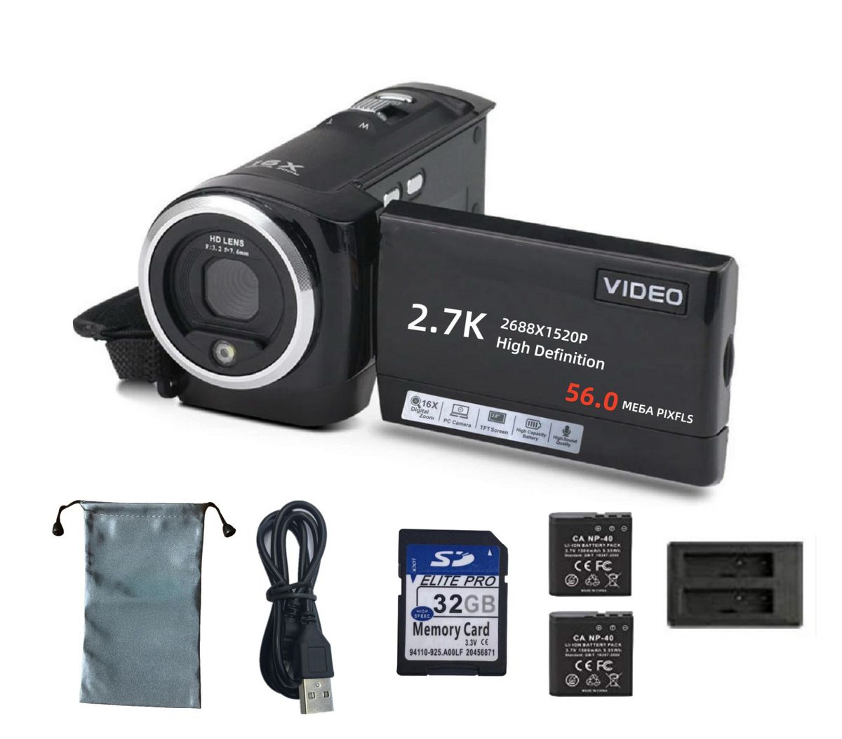 Camcorder Video Camera 56MP 16X Digital Zoom,32GB Card Two