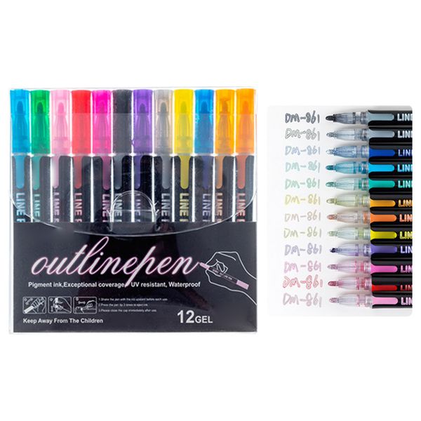 12 Color Double Line Pen Metallic Highlighter English
