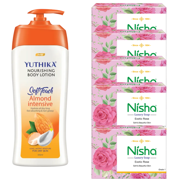 Nourishing Almond Body Lotion 500ml &amp; 5-Pack Exotic Rose Luxury Soap Combo