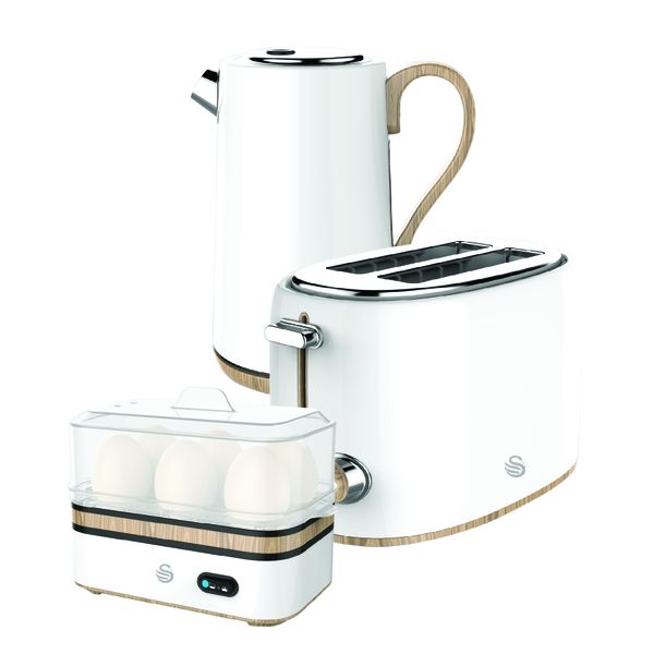 Swan White Stainless Steel Kettle, Toaster and Egg Boiler Breakfast Pack