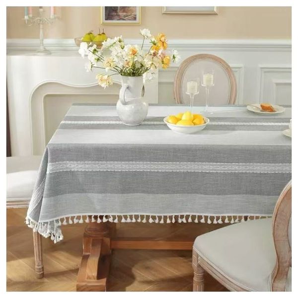 Boho Tassel Tablecloth - Striped Cotton Linen tablecloth-140cmx180cm