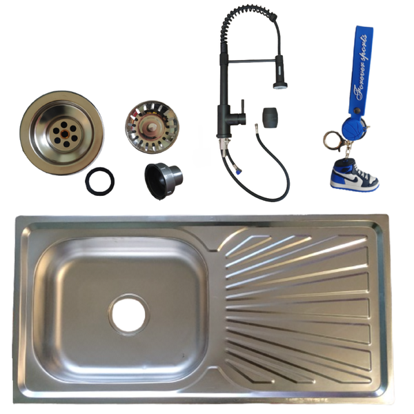 Sink Single Drop In Kitchen Sink With Black Spring Pull-out Tap &amp; Key Ring