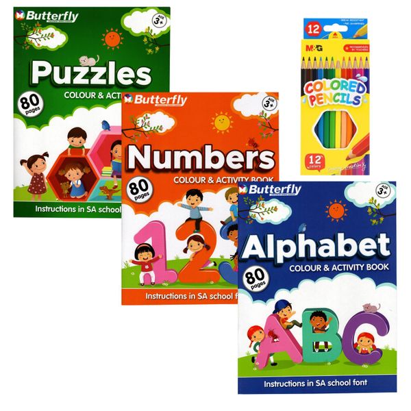 Set of 3 Educational Activity Books - Numbers, Alphabet &amp; Puzzles + Pencils