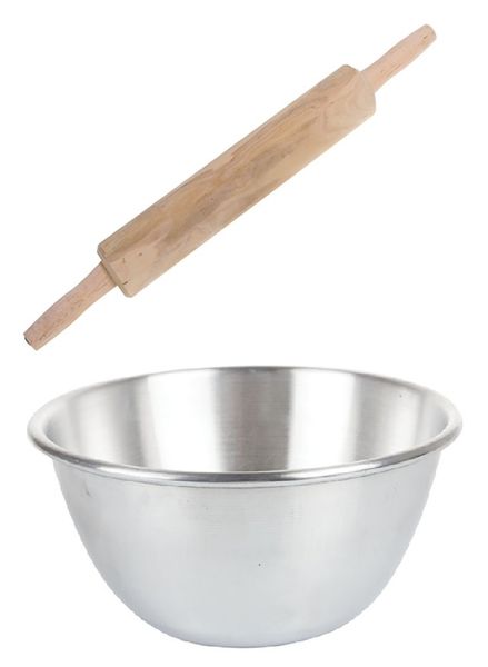 Rolling Pin Wooden 42cm + Mixing Bowl Aluminium 20cm