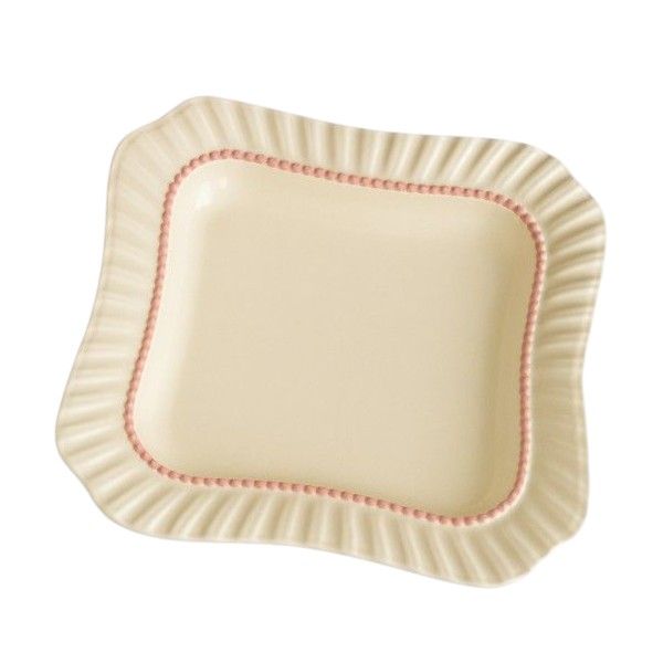 6 Piece - Cream Square Porcelain Plate Set With Pink Beaded Rim