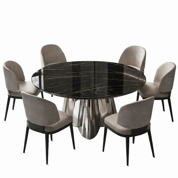 Ziyane Italian Luxury Round Marble Dining Set with 6 Upholstered Chairs