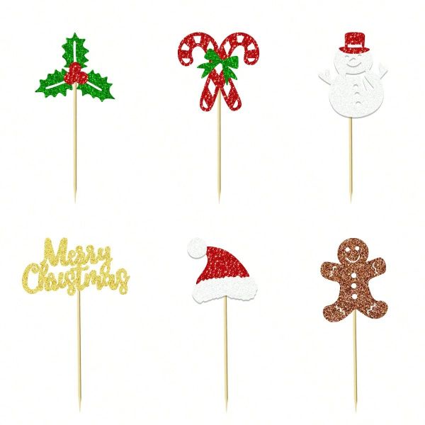 Glitter Christmas Cupcake Toppers - Multicolour - 24-Pieces