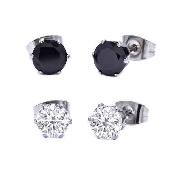 Androgyny 2 Pairs 6mm Cubic Zirconia Stud Clear &amp; Black - Stainless Steel
