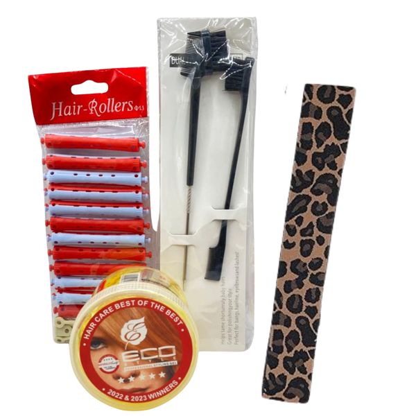 Eco Styling gel (268ml), edge control brushes, wig band &amp; hair rollers